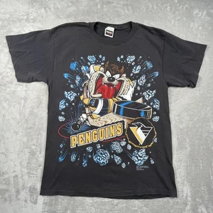 Vintage Pittsburgh Penguins Shirt Mens XL Black NHL Hockey Looney Tunes Taz 90s - Picture 1 of 6