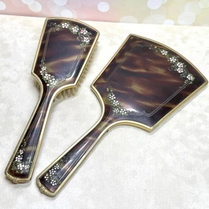 Vintage Hand Mirror & Brush Set - Tortoiseshell Brown with Gold Accents - Picture 1 of 8
