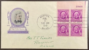 861 Ioor cachet Ralph Waldo Emerson Famous American Authors FDC w/Plate Block - Picture 1 of 2