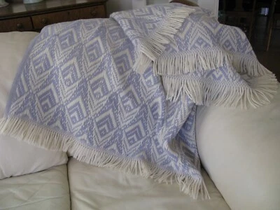 Woven 100% Wool Blue Jean & Cream Fringe Blanket Coverlet Cottage Throw 67 x 56 - Image 1 of 4