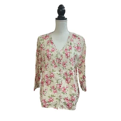 Blusa mujer Basic Editions grande beige floral manga 3/4 pintuck botón delantero Foto 1 de 4