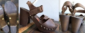 NEW GIANNETTI BROWN LEATHER ITALY DARK REAL WOOD HIGH PLATFORM SANDALS SHOES 9.5 - Picture 1 of 11