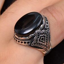 Handmade Genuine Natural Black Agate Aqeeq Vintage 925 Sterling Silver Men Ring