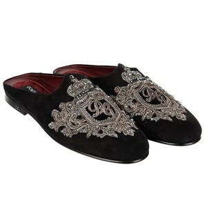 DOLCE & GABBANA Crystal Crown Suede Shoes Slipper YOUNG POPE Black 41 US 8 UK 7 - Picture 1 of 7
