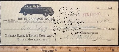 1939 **BUTTE CARRIAGE WORKS** ((AUTO SHOP))  BUTTE, MONTANA BANK CHECK+VIGNETTE! - Image 1 of 4