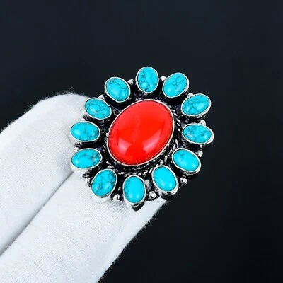 Türkis, Red Garnet Edelstein Blume Ring, Handgemacht 925 Sterlingsilber Schmuck - Bild 1 von 4
