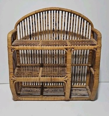 Vintage Burnt Bamboo Wall Hanging Shelf Boho Coastal Rattan Sculptural - Image 1 of 4