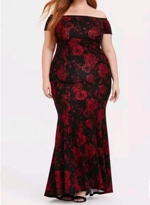 Torrid Special Occasion Black & Red Floral Ponte Off Shoulder GownSz 14 NWT - Picture 1 of 17