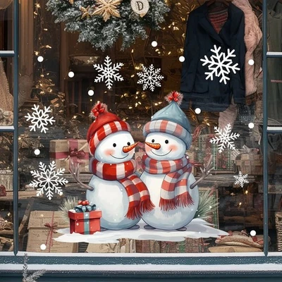 Double Sided Lovely Snowman Decals Window Clings Wall Home Shop Christmas Decor - Image 1 of 4