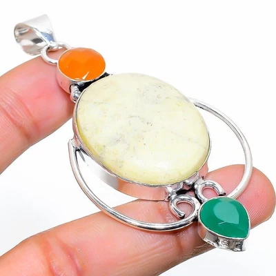Crisoprasio, Onice Gemma Fatto A Mano In Argento Sterling 925 Pendente 3.03" - Immagine 1 di 4