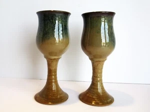 Paar Studio Kunst Keramik Weinkelche blau hellbraun glasiert signiert Steinzeug - Bild 1 von 11