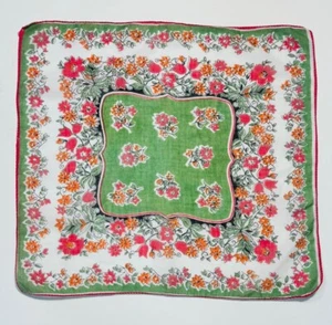 Vintage Floral Hankie Green Pink White Orange Cotton Handkerchief  - Picture 1 of 6