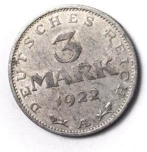 1922 A Germany Weimar Republic 3 Three Mark KM# 28 Aluminum Coin - Picture 1 of 2