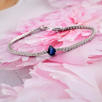 Blauer Saphir Kunstdiamanten Grown Cvd Diamant Tennis Armband Kette 14k Weißgold - Bild 1 von 4