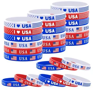48 Pcs American Flag Bracelets Silicone Patriotic 4th of July Party Wristbands - Picture 1 of 7