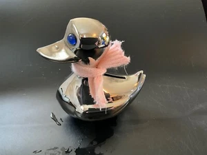 Vintage Leonard Silver Plated Duck Coin Piggy Bank Blue Eyes Denmark No Key - Picture 1 of 2