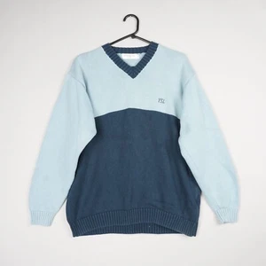 Vintage Yves Saint Laurent Jumper Mens Medium Blue Knit Sweater V-Neck YSL B61 - Picture 1 of 9