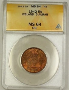 1942 Iceland 5A Five Aurar Copper Coin ANACS MS-64 Red-Brown (C) - Picture 1 of 2