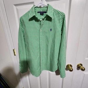 RALH LAUREN SPORT LONG SLEEVE BUTTON UP YOUTH GREEN WHITE CHECK SHIRT 14 - Picture 1 of 7