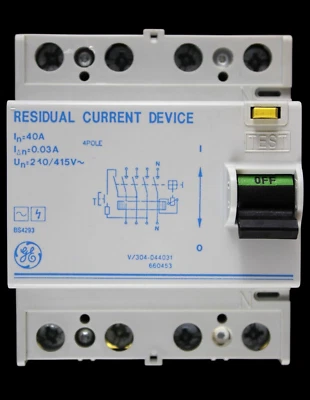 GENERAL ELECTRIC 40 AMP 30mA FOUR POLE RCD TYPE AC SERIES E 660453 V304-044031 - Image 1 of 4