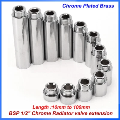 BSP 1/2" Chrome Radiator valve extension Chrome plated Brass 10mm to 100mm long - Image 1 of 4