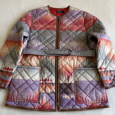 Polo Ralph Lauren Women Size Medium Sunset Aztec Quilted Bomber Belted Jacket - Image 1 of 4