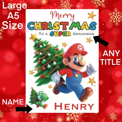 FLUFFY-HIPPO SUPER MARIO Christmas Card Boys Personalised Card Grandson Son Brother Nephew