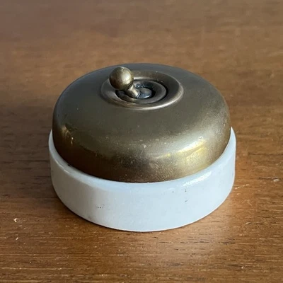 Vintage English Brass Ceramic British Made Vitreous Electric Toggle Switch  - Image 1 of 4