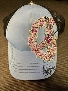 Ed Hardy Trucker Hat Skeleton Guitar Blue Amal Guessous Signature - Picture 1 of 7