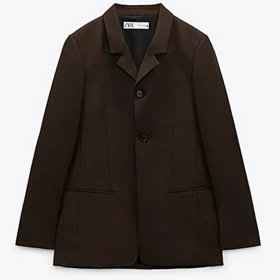 Novo com etiquetas Zara Blazer Feminino Oversized Alfaiataria Tamanho G Marrom Escuro Dois Botões - Imagem 1 de 4