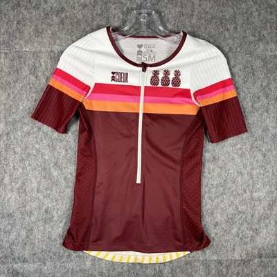Camiseta deportiva de ciclismo COEUR para mujer pequeña media cremallera manga corta elástica rayas de carretera Foto 1 de 4
