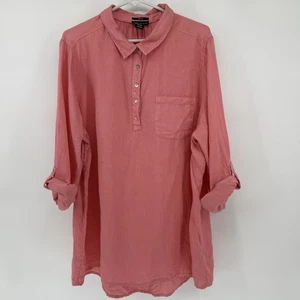 JNY Jones New York Women Top 2X Coral Tunic 100% Linen Soft Collar Resort Light - Picture 1 of 13