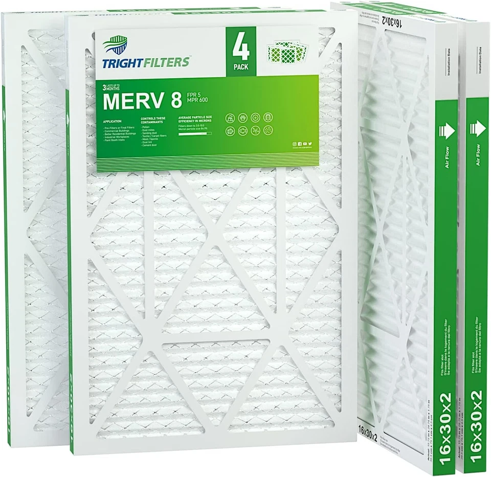 Trightfilters 16x30x2 MERV-8 Air Filter Pleated for Home HVAC AC Furnace - 4pack