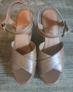 Women"s COACH Brown Leather Cross Wedge Logo Slingback Shoes Size 9 - Picture 1 of 11