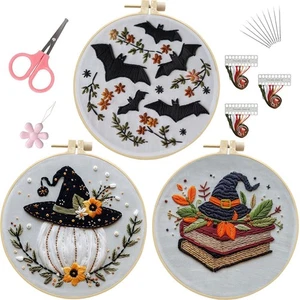 Kit de bordado de Halloween 3 juegos de murciélago negro floral bordado a mano kit de inicio - Imagen 1 de 10