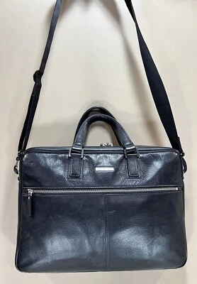 JOHNSTON & MURPHY - Maletín delgado de cuero granulado negro Bolso de hombro mensajero Foto 1 de 4