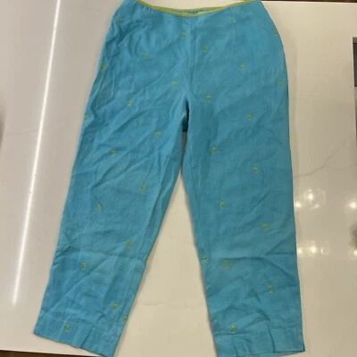 Vintage 90s Gingham Pants 12 Blue All Over Palm Trees Embroidery Preppy Classic - Image 1 of 4