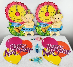 4 Vintage New Years Eve Die Cut Decorations & 3 Paper Noise Makers - Picture 1 of 16