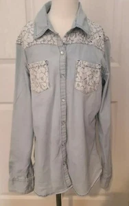 Justice Denim Top Shirt Blue Bling Embellished White Floral Lace size 14 FLAW - Picture 1 of 8