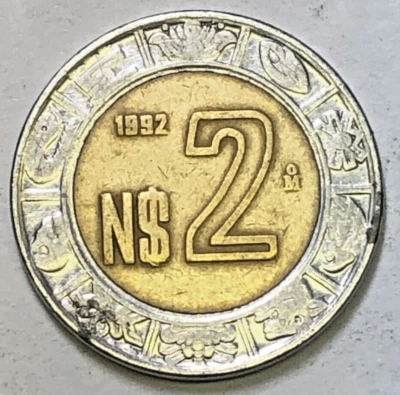 MEXICO MEXICAN KM551 1992 BI-METALOLD VINTAGE 2 NUEVO PESO COIN - Image 1 of 2