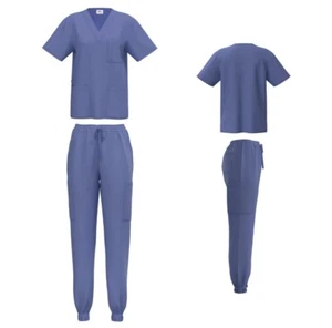 Unisex STRETCH Jogger Scrub Set Solid V-Neck Top Men Women Medical Nurse Uniform - Picture 1 of 2