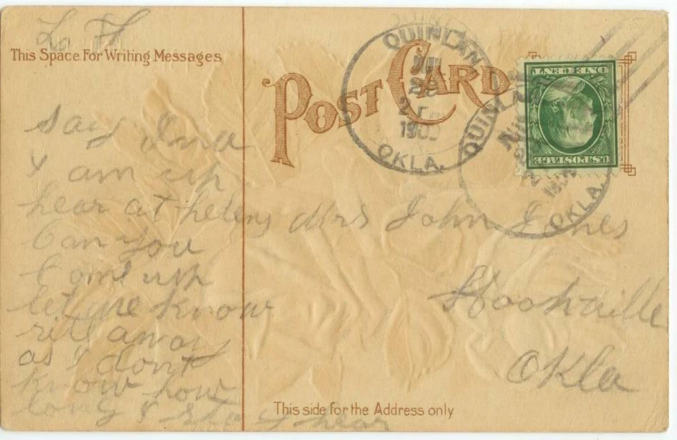 1909 Quinlan Oklahoma Woodward County - DPO 1901-68 to Hoopville 1908-1913 - Изображение 1 из 1