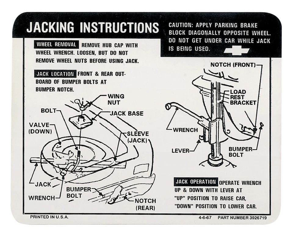 Chevrolet Chevelle 1968 y 1969 calcomanía de instrucciones de elevación de auto Foto 1 de 1