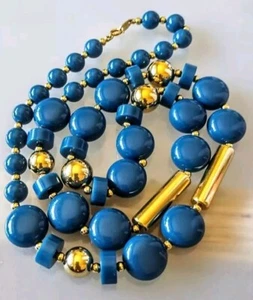 Vintage Signed Trifari Teal Blue Lucite Beads GoldTone Metal Beads  - Picture 1 of 3