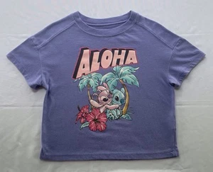 Disney T-Shirt Stitch & Angel Purple Short Sleeve Aloha Girls Cropped Size 7 - Picture 1 of 6