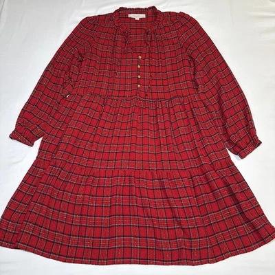 ANN TAYLOR LOFT Red Metallic Plaid Tiered Ruffle Dress Long Sleeve Size XS NWOT - Image 1 of 4