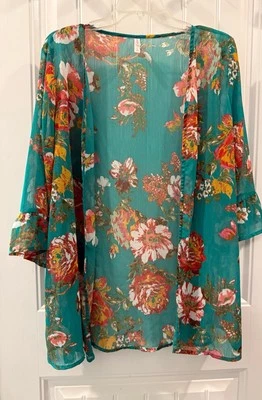 xhilaration Ladies Medium Blue Dusty Rose Lightweight Cardigan, Floral Pattern Foto 1 de 4