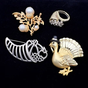 Lote Anillo Broche Vintage Otoño Otoño Cosecha Cornucopia Acción de Gracias Pavo Bellota - Imagen 1 de 3