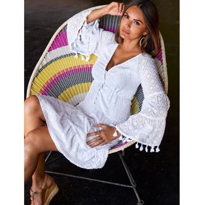 Boston Proper Long sleeve novelty fabric Tassel trim Sun dress white Sz S boho - Image 1 of 4