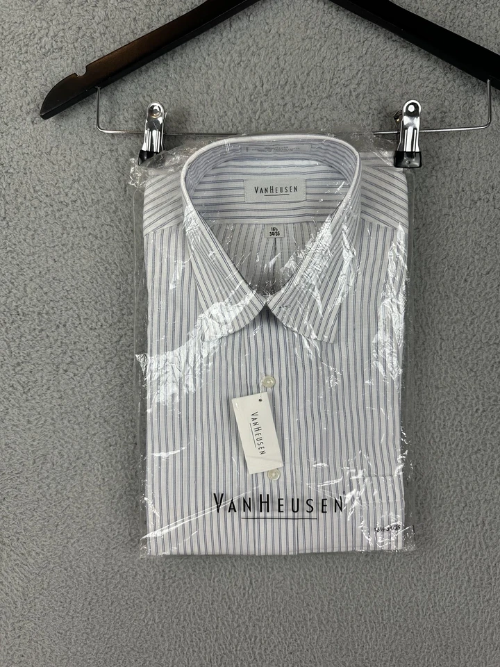 Van Heusen 衬衫男式 16.5 34/35 白色蓝色条纹长袖纽扣新品 — 第 1/4 张图片